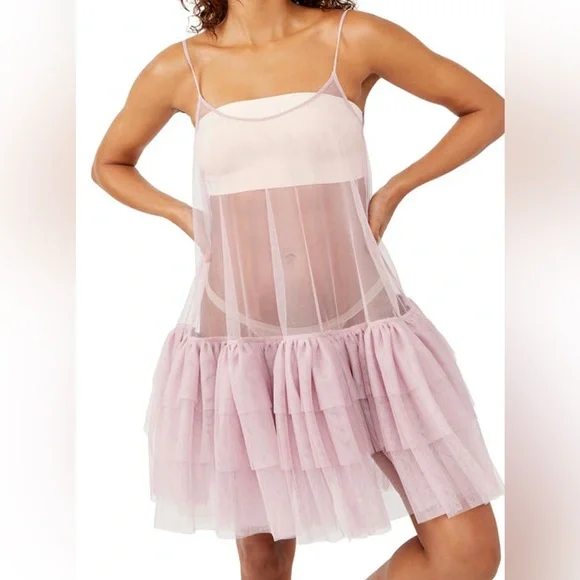 Push Send Free People Tulle Slip Dress Mini Silverberry Ruffle Tier - Picture 2 of 7